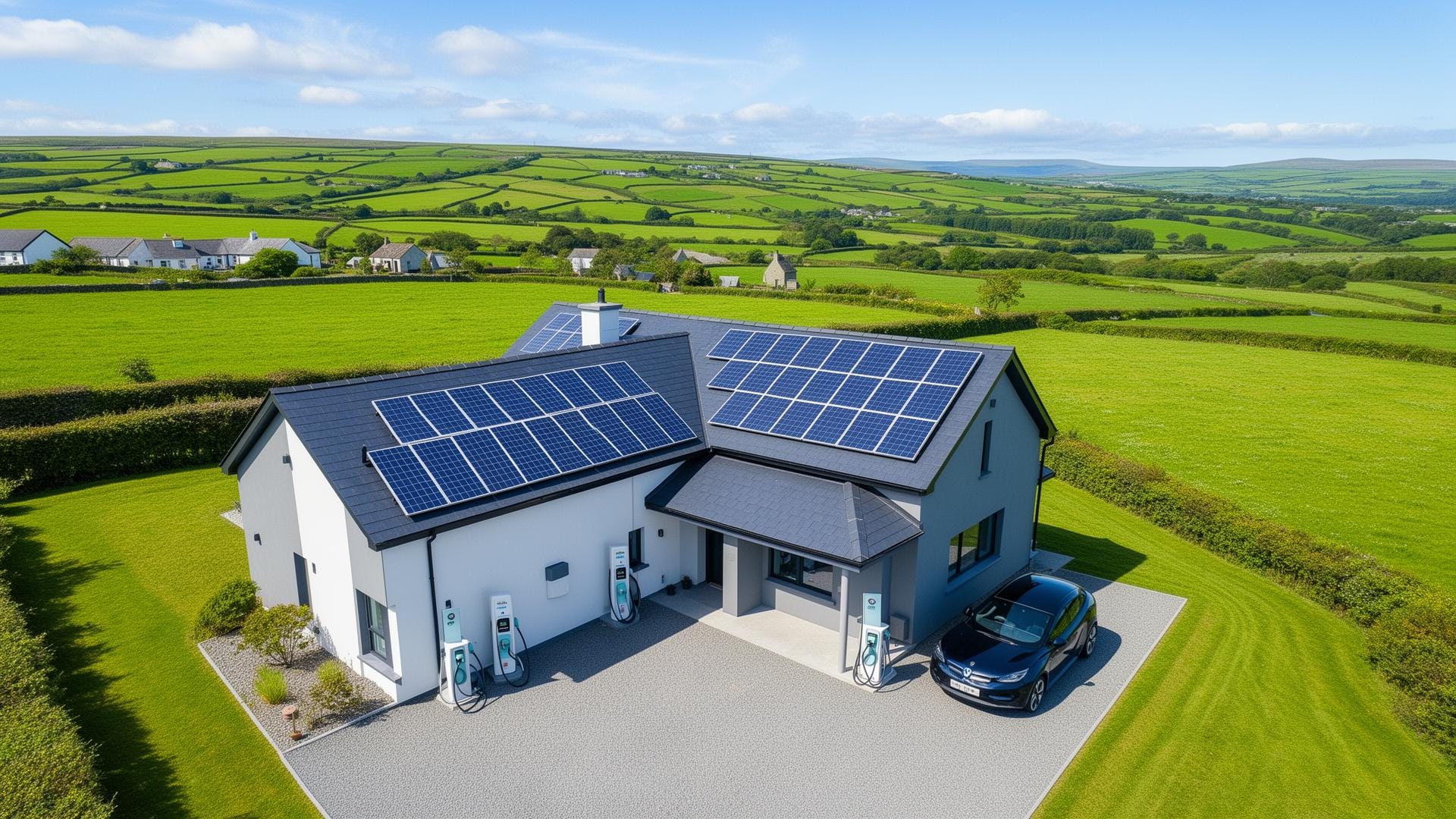 Solar panels and EV charger on Irish home